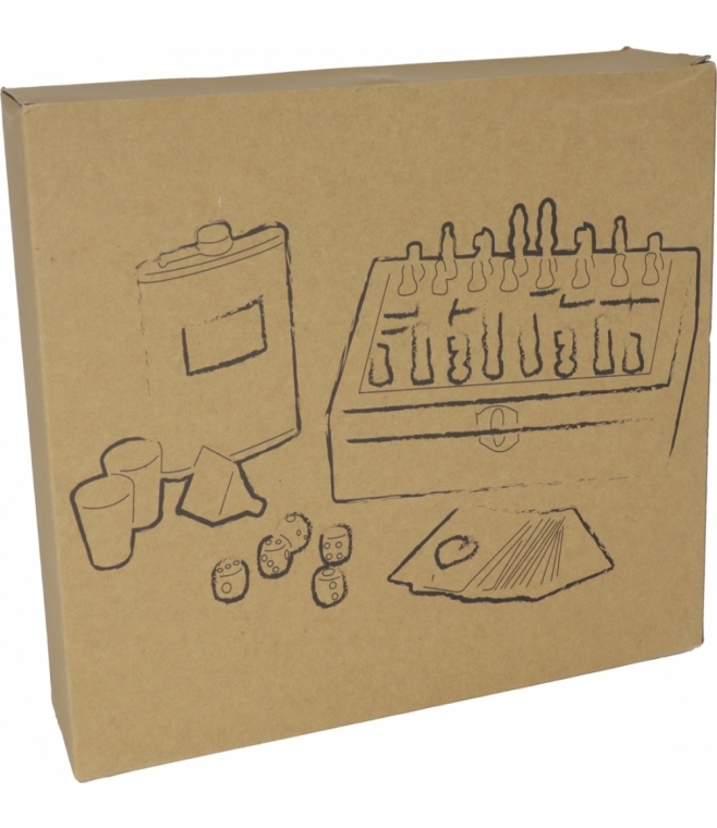 Zestaw piersiówka, szachy, karty i kości